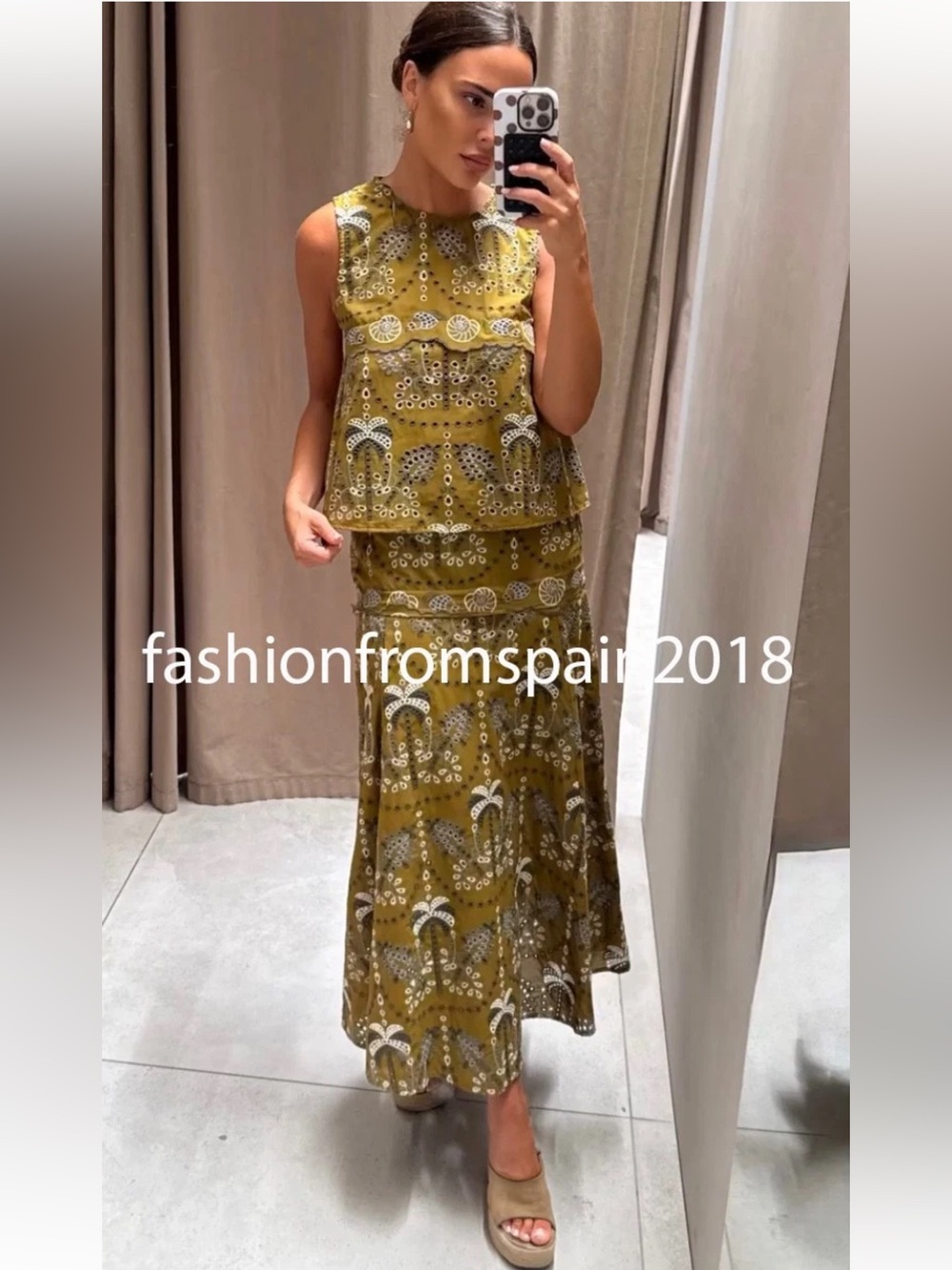Zara XL Co Ord Skirt Embroidered Set Olive Green Printed NWT